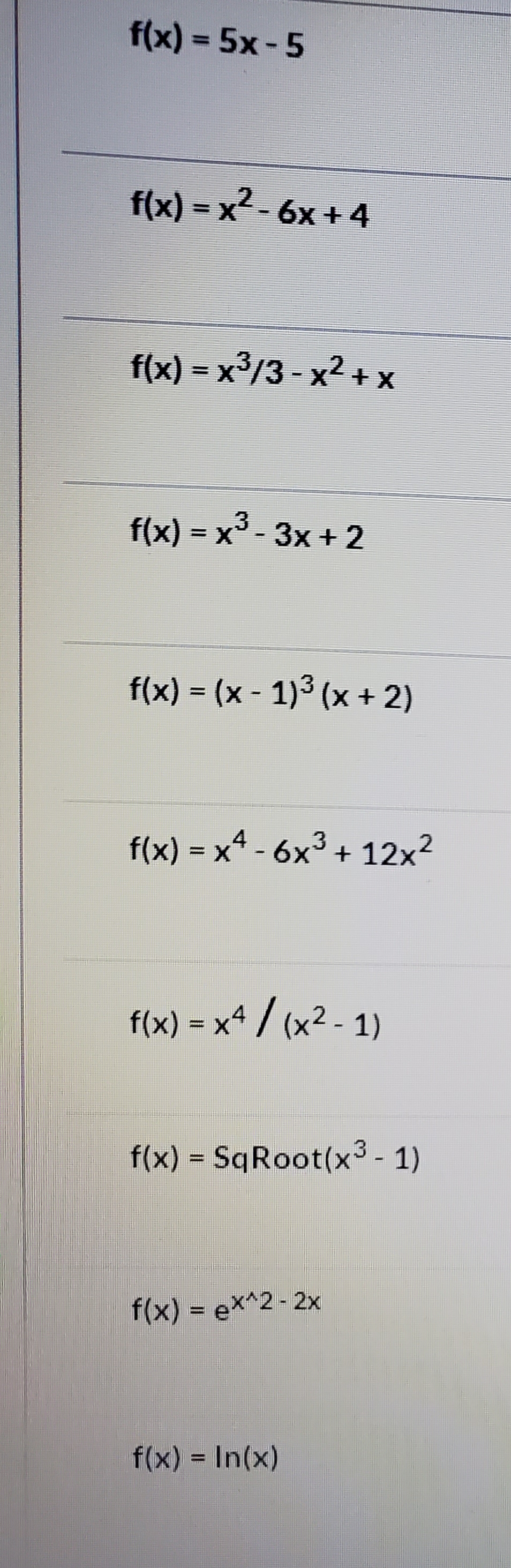 f(x)= 5x-5
1
f(x) = x2-6x+4
f(x) x3/3-x2+x
f(x) x3-3x+ 2
f(x) (x- 1)3 (x+ 2)
f(x) x4-6x3
+ 12x2
=X
f(x) = x4/ (x2-1)
X
f(x) SqRoot (x3-1)
X
f(x) = ex^2-2x
f(x) In(x)
