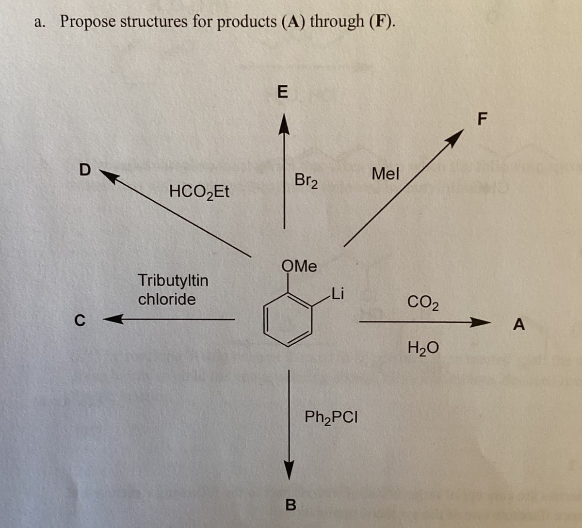 a. Propose structures for products (A) through (F).
E
Mel
Br2
D
HCO₂Et
F
OMe
Tributyltin
chloride
Li
CO2
C
A
H₂O
B
Ph2PCI