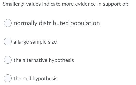 Smaller p-values indicate more evidence in support of:
normally distributed population
a large sample size
the alternative hypothesis
the null hypothesis
