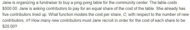 Jane is organizing a fundraiser to buy a ping-pong table for the community center. The table costs
$500.00. Jane is asking contributors to pay for an equal share of the cost of the table. She already has
five contributors lined up. What function models the cost per share, C, with respect to the number of new
contributors, n? How many new contributors must Jane recruit in order for the cost of each share to be
$20.00?
