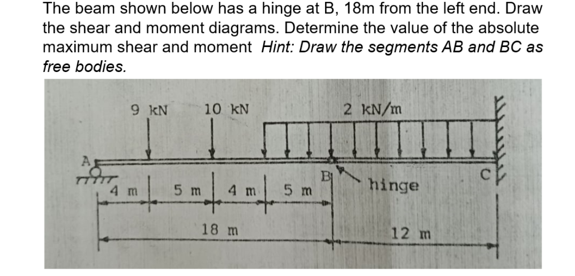 The beam shown below has a hinge at B, 18m from the left end. Draw
the shear and moment diagrams. Determine the value of the absolute
maximum shear and moment Hint: Draw the segments AB and BC as
free bodies.
9 kN
10 kN
2 KN/m
5 m
hinge
4 m
5 m
18 m
12 m
