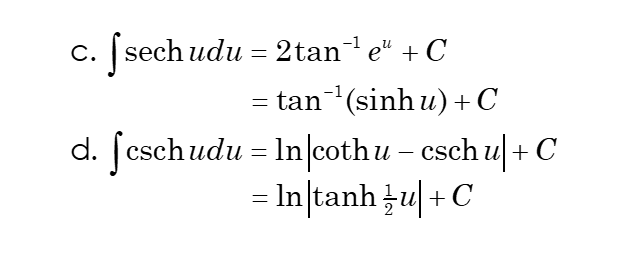 c. sech udu = 2tan-e" + C
= tan(sinh u) + C
-1
d. fcsch udu = In cothu – esch z| + C
In tanh tu| +C
