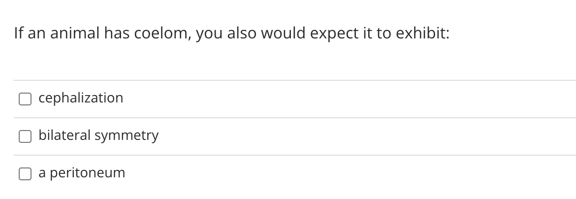 If an animal has coelom, you also would expect it to exhibit:
cephalization
bilateral symmetry
a peritoneum
