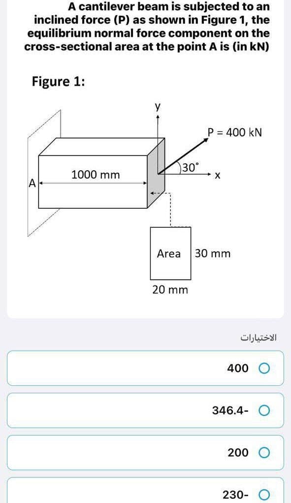 A cantilever beam is subjected to an
inclined force (P) as shown in Figure 1, the
equilibrium normal force component on the
cross-sectional area at the point A is (in kN)
Figure 1:
y
P = 400 kN
30°
1000 mm
A
Area
30 mm
20 mm
الاختیارات
400
346.4-
200
230-
