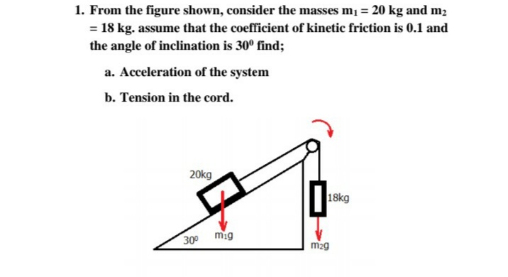 1. From the figure shown, consider the masses m1 = 20 kg and m2
= 18 kg. assume that the coefficient of kinetic friction is 0.1 and
the angle of inclination is 30° find;
a. Acceleration of the system
b. Tension in the cord.
20kg
18kg
300 mig
m2g
