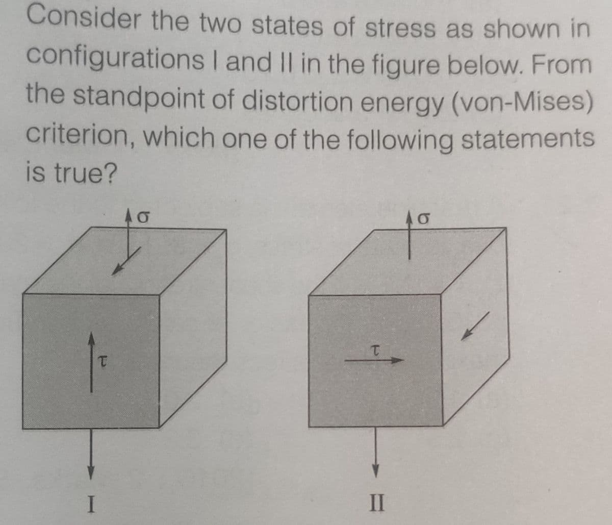 Consider the two states of stress as shown in
configurations I and Il in the figure below. From
the standpoint of distortion energy (von-Mises)
criterion, which one of the following statements
is true?
II
