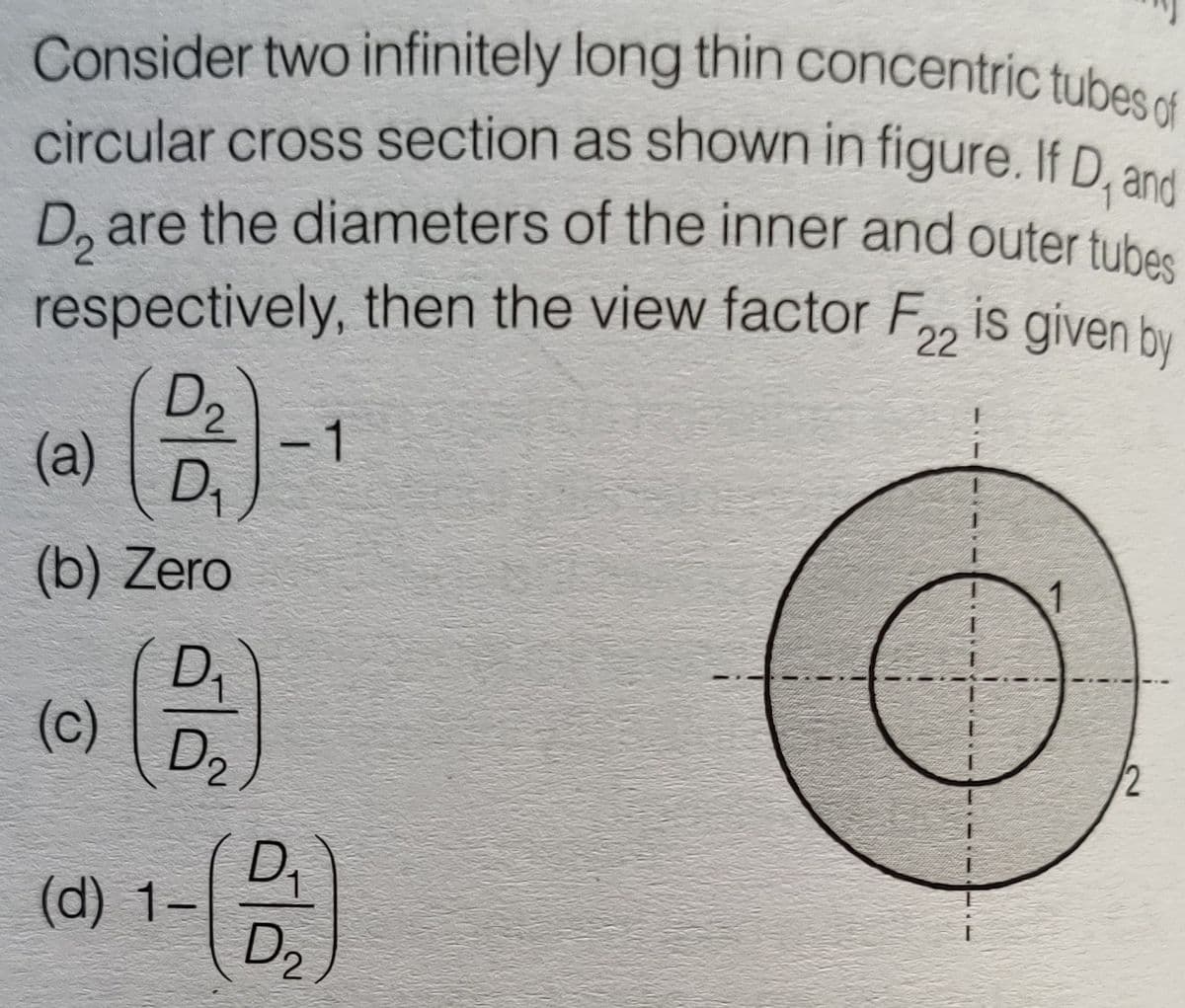 Consider two infinitely long thin concentric tubes of
circular cross section as shown in figure. If D, and
circular cross section as shown in figure, If D an
and
D, are the diameters of the inner and outer tubes
respectively, then the view factor F, is given hu
22
D2
-1
(a)
(b) Zero
D.
(c)
D2
2
(d) 1-
D2
