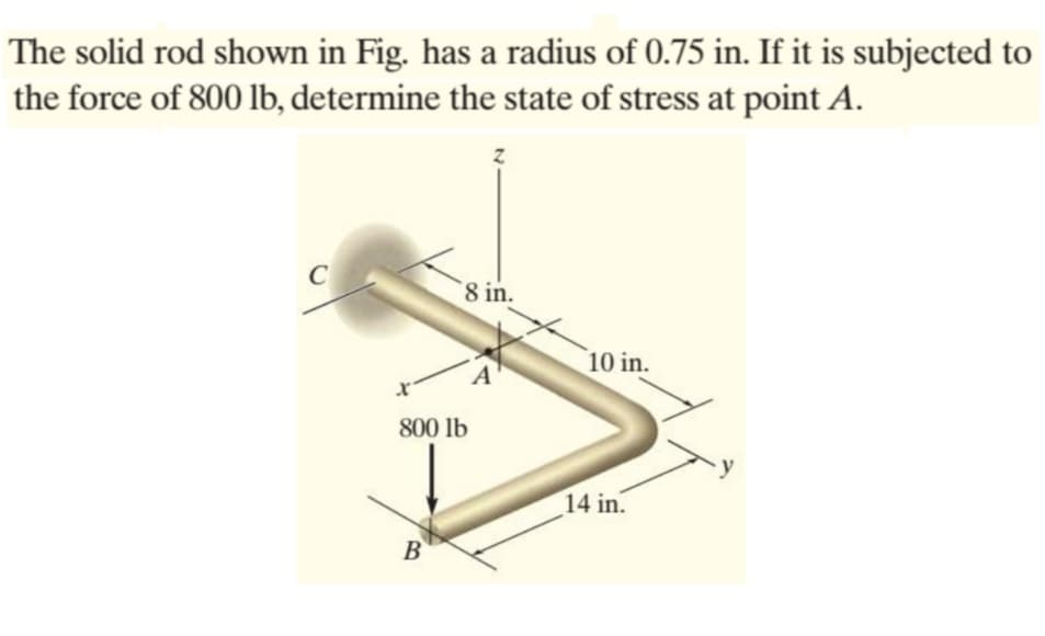 The solid rod shown in Fig. has a radius of 0.75 in. If it is subjected to
the force of 800 lb, determine the state of stress at point A.
C
8 in.
10 in.
A
800 lb
14 in.
B
