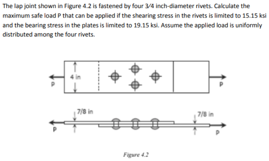 The lap joint shown in Figure 4.2 is fastened by four 3/4 inch-diameter rivets. Calculate the
maximum safe load P that can be applied if the shearing stress in the rivets is limited to 15.15 ksi
and the bearing stress in the plates is limited to 19.15 ksi. Assume the applied load is uniformly
distributed among the four rivets.
4 in
7/8 in
7/8 in
Figure 4.2
