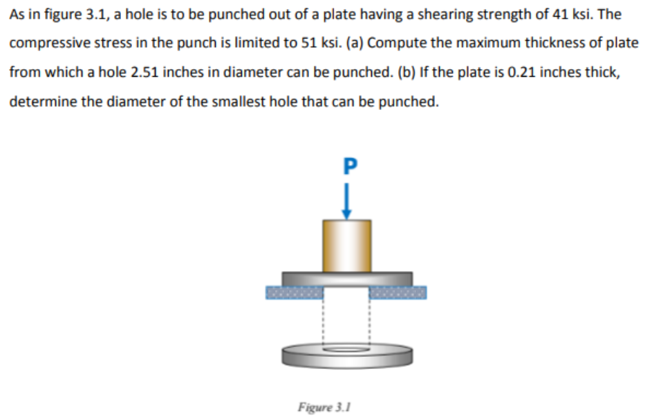 As in figure 3.1, a hole is to be punched out of a plate having a shearing strength of 41 ksi. The
compressive stress in the punch is limited to 51 ksi. (a) Compute the maximum thickness of plate
from which a hole 2.51 inches in diameter can be punched. (b) If the plate is 0.21 inches thick,
determine the diameter of the smallest hole that can be punched.
Figure 3.1
