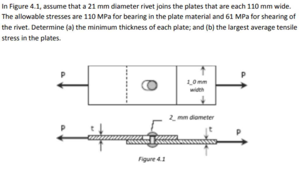 In Figure 4.1, assume that a 21 mm diameter rivet joins the plates that are each 110 mm wide.
The allowable stresses are 110 MPa for bearing in the plate material and 61 MPa for shearing of
the rivet. Determine (a) the minimum thickness of each plate; and (b) the largest average tensile
stress in the plates.
CO
1_0 mm
width
2_ mm diameter
77ZA
Figure 4.1
