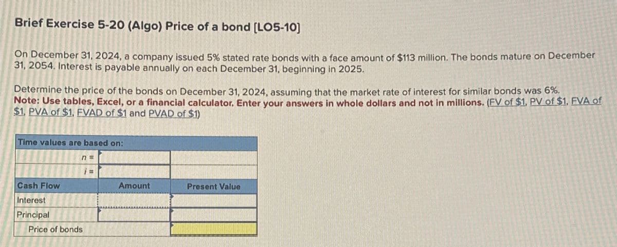 Brief Exercise 5-20 (Algo) Price of a bond [LO5-10]
On December 31, 2024, a company issued 5% stated rate bonds with a face amount of $113 million. The bonds mature on December
31, 2054. Interest is payable annually on each December 31, beginning in 2025.
Determine the price of the bonds on December 31, 2024, assuming that the market rate of interest for similar bonds was 6%.
Note: Use tables, Excel, or a financial calculator. Enter your answers in whole dollars and not in millions. (EV of $1, PV of $1, FVA of
$1, PVA of $1, EVAD of $1 and PVAD of $1)
Time values are based on:
Cash Flow
Interest
Principal
Price of bonds
n =
Amount
Present Value