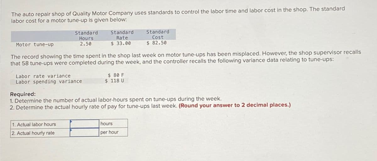 The auto repair shop of Quality Motor Company uses standards to control the labor time and labor cost in the shop. The standard
labor cost for a motor tune-up is given below:
Motor tune-up
Standard
Rate
Standard
Cost
Standard
Hours
2.50
$ 33.00
$ 82.50
The record showing the time spent in the shop last week on motor tune-ups has been misplaced. However, the shop supervisor recalls
that 58 tune-ups were completed during the week, and the controller recalls the following variance data relating to tune-ups:
Labor rate variance
$ 80 F
Labor spending variance
$ 118 U
Required:
1. Determine the number of actual labor-hours spent on tune-ups during the week.
2. Determine the actual hourly rate of pay for tune-ups last week. (Round your answer to 2 decimal places.)
1. Actual labor hours
2. Actual hourly rate
hours
per hour