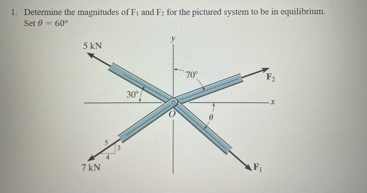 1. Determine the magnitudes of F1 and F2 for the pictured system to be in equilibrium.
Set 0 = 60°
5 kN
7 kN
S
30°
70°
0
F₁
F2
X