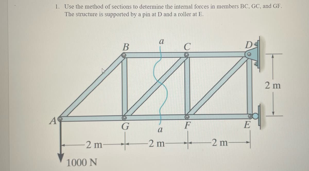 1. Use the method of sections to determine the internal forces in members BC, GC, and GF.
The structure is supported by a pin at D and a roller at E.
A
-2 m-
1000 N
B
G
a
a
-2 m-
C
F
-2 m-
E
2 m