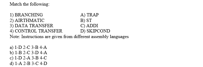 Match the following
1) BRANCHING
2) AIRTHMATIC
3) DATA TRANSFER
4) CONTROL TRANSFER
Note: Instructions are
A) TRAP
B) ST
C) ADDI
D) SKIPCOND
given from different assembly languages
a) 1-D 2-C 3-B 4-A
b) 1-B 2-C 3-D 4-A
c) 1-D 2-A 3-B 4-C
d) 1-A 2-B 3-C 4-D

