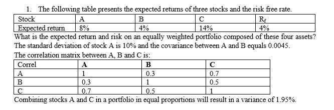 1. The following table presents the expected returns of three stocks and the risk free rate.
в
4%
Stock
A
8%
Expected return
What is the expected return and risk on an equally weighted portfolio composed of these four assets?
The standard deviation of stock A is 10% and the covariance between A and B equals 0.0045.
The correlation matrix between A, B and C is:
14%
4%
Correl
B
A
1
0.3
0.7
B
0.3
0.5
0.5
Combining stocks A and C in a portfolio in equal proportions will result in a variance of 1.95%.
0.7
