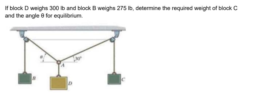 If block D weighs 300 lb and block B weighs 275 lb, determine the required weight of block C
and the angle 0 for equilibrium.
30
C
