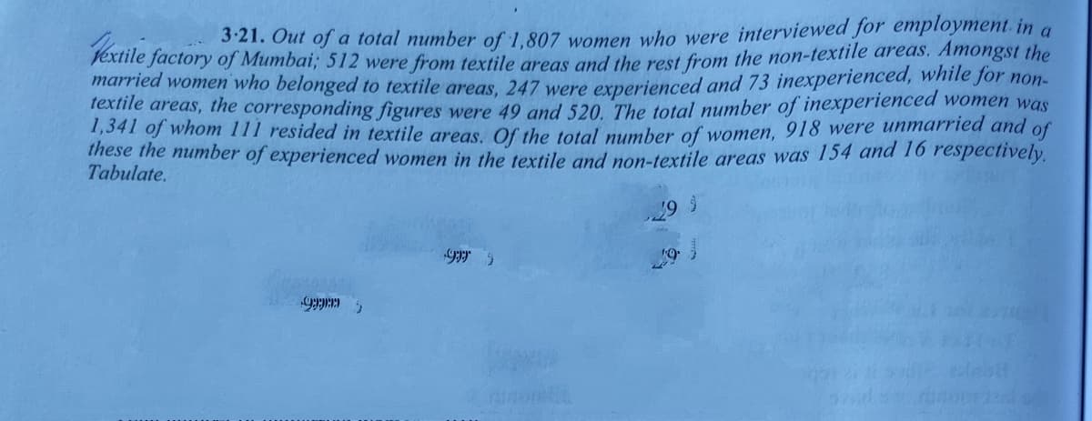 3'21. Out of a total number of 1.807 women who were interviewed for employment. in a
Pextile factory of Mumbai; 512 were from textile greas and the rest from the non-textile areas. Amongst the
married women who belonged to textile areas. 247 were experienced and 73 inexperienced, while for non-
textile areas, the corresponding figures were 49 and 520. The total number of inexperienced women was
541 of whom 111 resided in textile areas. Of the total number of women, 918 were unmarried and of
these the number of experienced women in the textile and non-textile areas was 154 and 16 respectively.
Tabulate.
29 3
