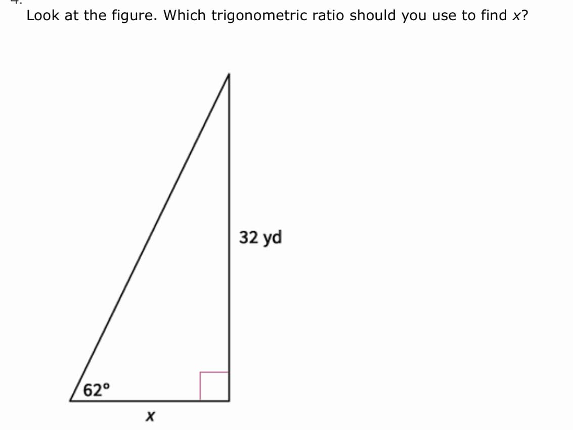 Look at the figure. Which trigonometric ratio should you use to find x?
32 yd
62°

