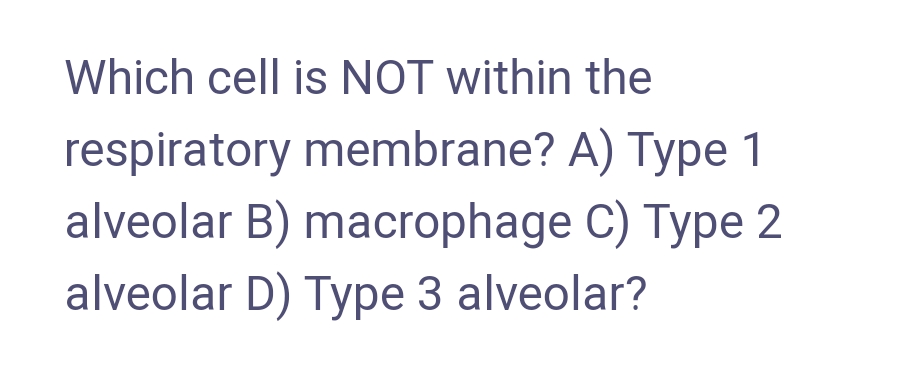 Which cell is NOT within the
respiratory membrane? A) Type 1
alveolar B) macrophage C) Type 2
alveolar D) Type 3 alveolar?