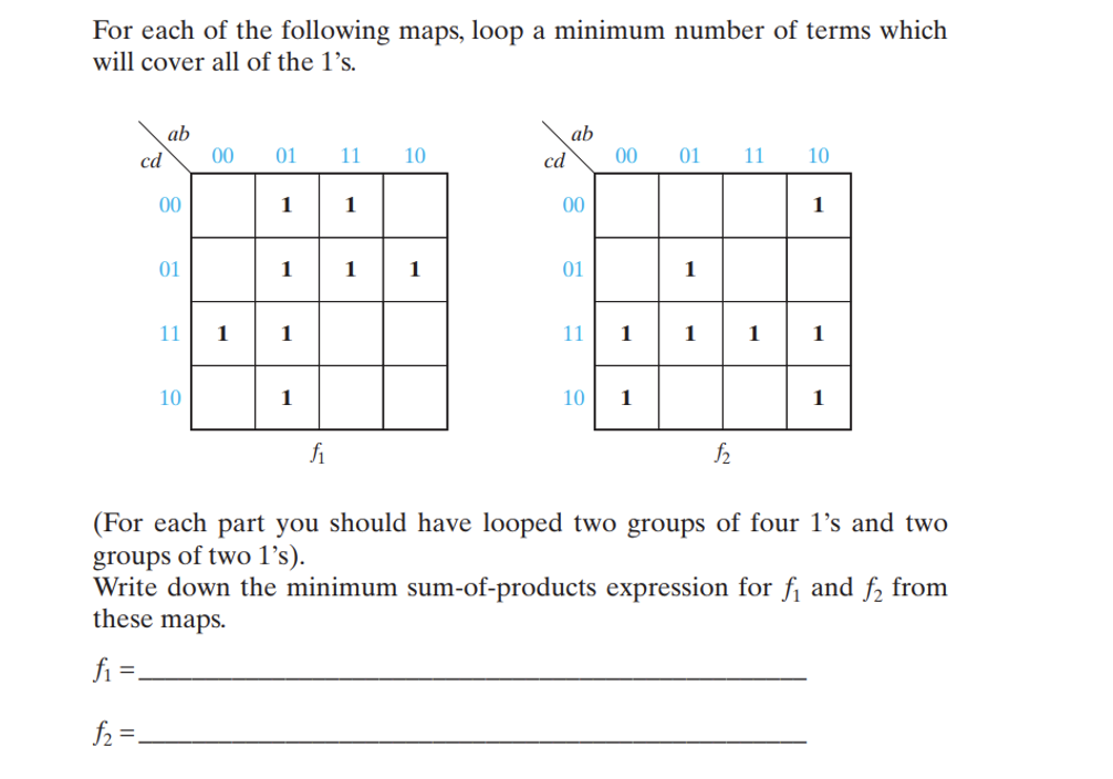 For each of the following maps, loop a minimum number of terms which
will cover all of the 1’s.
ab
00
ab
cd
00
01
11
10
cd
01
11
10
00
1
1
00
1
01
1
1
1
01
1
11
1
1
11
1
1
1
1
10
1
10
1
1
fi
(For each part you should have looped two groups of four 1's and two
groups of two l's).
Write down the minimum sum-of-products expression for fi and f, from
these maps.
fi=.
f2 =.
