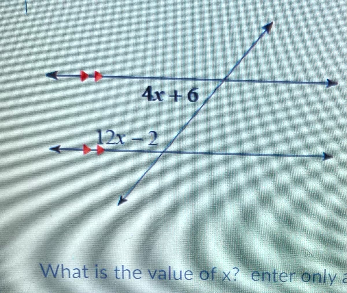 4x + 6
12x 2
What is the value of x? enter only a
