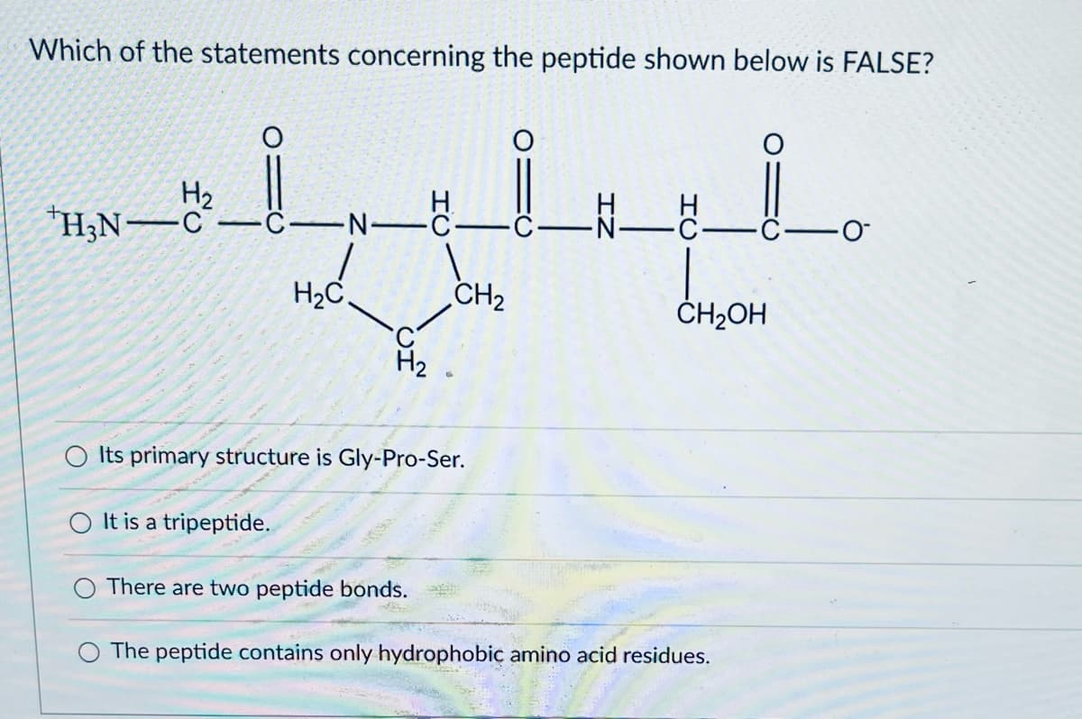Which of the statements concerning the peptide shown below is FALSE?
H2
H3N-C
C-N-C-
H
-O-
H2C
CH2
CH₂OH
H2
Its primary structure is Gly-Pro-Ser.
It is a tripeptide.
There are two peptide bonds.
The peptide contains only hydrophobic amino acid residues.