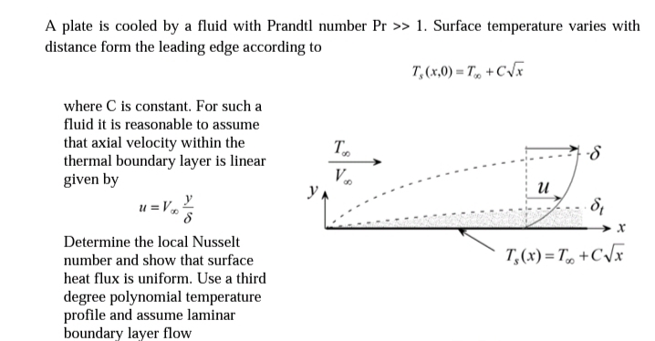 A plate is cooled by a fluid with Prandtl number Pr >> 1. Surface temperature varies with
distance form the leading edge according to
where C is constant. For such a
fluid it is reasonable to assume
that axial velocity within the
thermal boundary layer is linear
given by
u=V%
y
Determine the local Nusselt
number and show that surface
heat flux is uniform. Use a third
degree polynomial temperature
profile and assume laminar
boundary layer flow
y
YA
To
Vo
T₁(x,0)=T +C√√x
U
-8
&₁
X
T₁(x) = T₁ +C√x