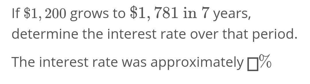 If $1, 200 grows to $1, 781 in 7 years,
determine the interest rate over that period.
The interest rate was approximately %
