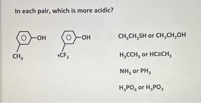In each pair, which is more acidic?
-OH
O -OH
CH3
ACF3
CH3CH₂SH or CH₂CH₂OH
H₂CCH3 or HC=CH₂
NH3 or PH3
H3PO4 or H3PO3
