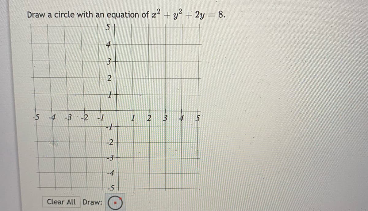 Draw a circle with an equation of x + y + 2y = 8.
5
4
13
2
-5
-4
-3
-2
-1
3
4
-2
-4
-5
Clear All Draw:
