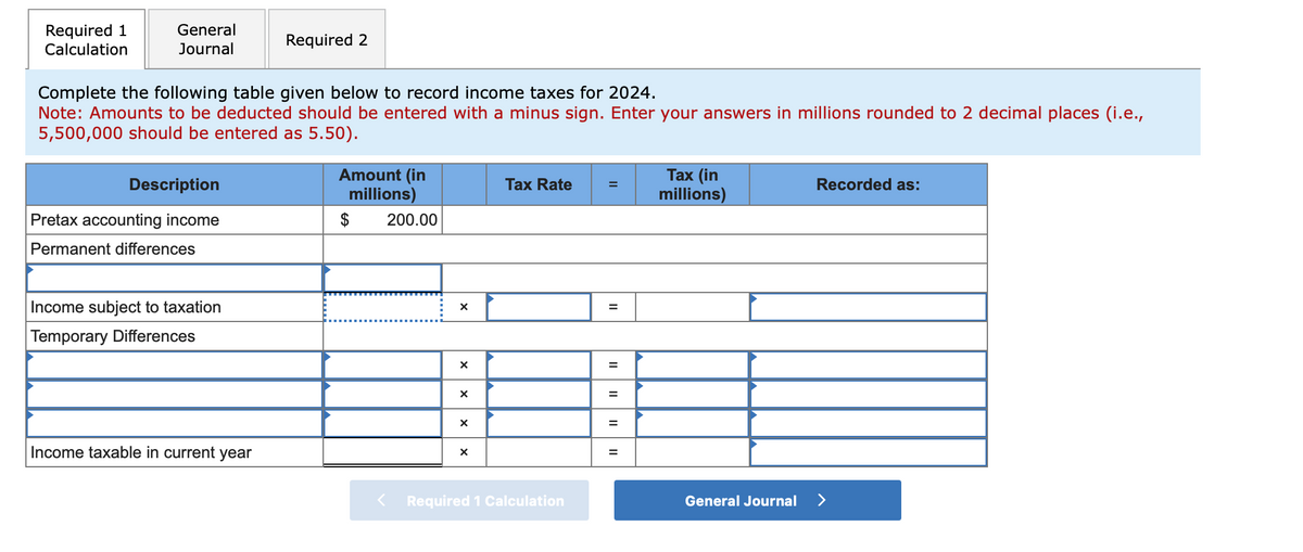 Required 1
Calculation
General
Journal
Complete the following table given below to record income taxes for 2024.
Note: Amounts to be deducted should be entered with a minus sign. Enter your answers in millions rounded to 2 decimal places (i.e.,
5,500,000 should be entered as 5.50).
Description
Pretax accounting income
Permanent differences
Income subject to taxation
Temporary Differences
Required 2
Income taxable in current year
Amount (in
millions)
$
200.00
X
X
X
X
X
Tax Rate
Required 1 Calculation
=
II
=
=
||
II
Tax (in
millions)
General Journal
Recorded as:
>