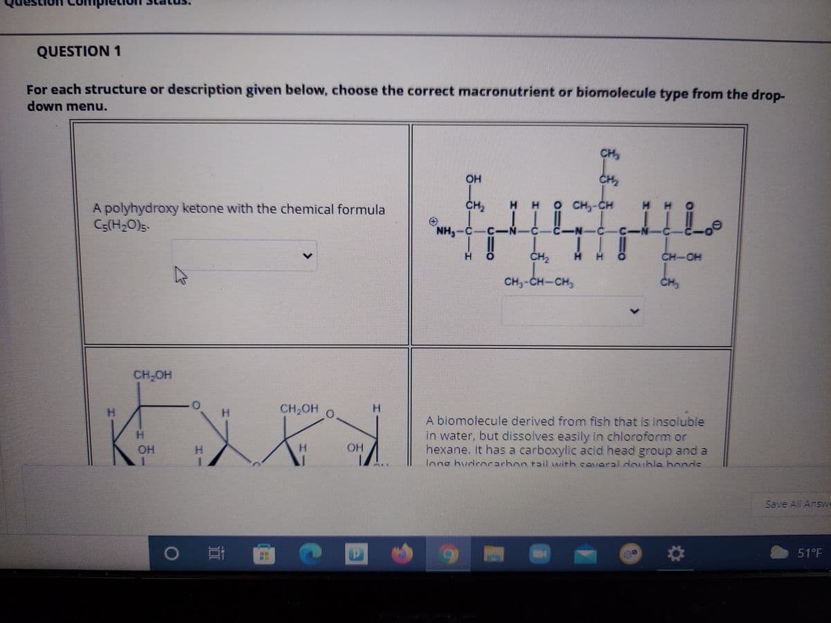 QUESTION 1
For each structure or description given below, choose the correct macronutrient or biomolecule type from the drop-
down menu.
CH,
HO
CH
CH,
H.
CH,-CH
A polyhydroxy ketone with the chemical formula
Cs(H2O)s
NH,-C
H.
CH,
H.
CH-CH
CH,-CH-CH,
CH,
CH,OH
CH,OH
A biomolecule derived from fish that is insoluble
In water, but dissolves easily in chloroform or
hexane. It has a carboxylic acid head group and a
Inns hudrcarhon tailwirh cavaral dnubla hands
OH
H.
H.
OH
Save All AnsWi
51°F
エ
