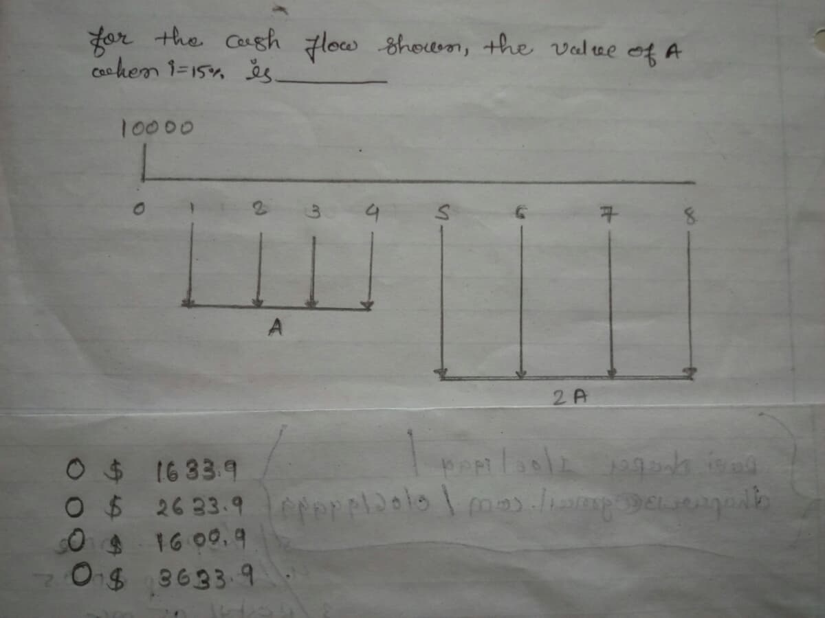 Lor the Cash low Shown, the value of A
Cac hen i-15, es.
10000
2 A
0 $1633.9
O $ 26 33.9 eterploolomas.lmg
16 00.9
$43633.9
