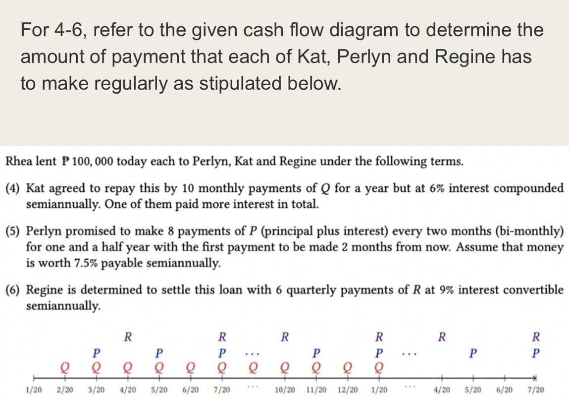 For 4-6, refer to the given cash flow diagram to determine the
amount of payment that each of Kat, Perlyn and Regine has
to make regularly as stipulated below.
Rhea lent P 100, 000 today each to Perlyn, Kat and Regine under the following terms.
(4) Kat agreed to repay this by 10 monthly payments of Q for a year but at 6% interest compounded
semiannually. One of them paid more interest in total.
(5) Perlyn promised to make 8 payments of P (principal plus interest) every two months (bi-monthly)
for one and a half year with the first payment to be made 2 months from now. Assume that money
is worth 7.5% payable semiannually.
(6) Regine is determined to settle this loan with 6 quarterly payments of R at 9% interest convertible
semiannually.
1/20
P
R
at ~
197²
at ~
P
R2042
P
2/20 3/20 4/20 5/20 6/20 7/20
e
R
at
Pat=
R
P
10/20 11/20 12/20 1/20
:
R
P
4/20 5/20
R
P
6/20 7/20