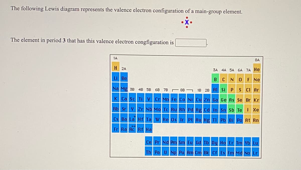 The following Lewis diagram represents the valence electron configuration of a main-group element.
The element in period 3 that has this valence electron congfiguration is
1A
8A
H 2A
3A 4A 5A 6A 7A He
Be
B CNOF Ne
Na Mg 3B 4B 5B 6B 7B 8B
IB 28 A1 Si P S CI Ar
K Ca Sc TiV Cr Mn Fe Co Ni Cu Zn Ga Ge As Se Br Kr
Rb Sr Y Zr Nb Mo Tc Ru Rh Pd Ag Cd In Sn Sb Te I Xe
Cs Ba La Hf Ta WRe Os Ir Pt Au Hg TI Pb Bi Po At Rn
Ra Ac Rf Ha
Ce Pr Nd Prm Sm Eu Gd Tb Dy Ho Er Tm Yb Lu
Th Pa UNp Pu Am Cm Bk Cf Es Fm Md No Lr
