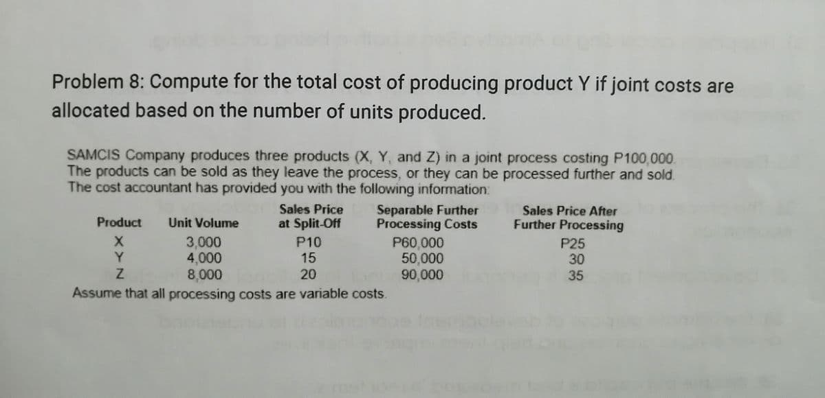 Problem 8: Compute for the total cost of producing product Y if joint costs are
allocated based on the number of units produced.
SAMCIS Company produces three products (X, Y, and Z) in a joint process costing P100,000
The products can be sold as they leave the process, or they can be processed further and sold
The cost accountant has provided you with the following information:
Sales Price
Separable Further
Sales Price After
Further Processing
Product
Unit Volume
at Split-Off Processing Costs
3,000
4,000
8,000
Assume that all processing costs are variable costs.
P10
P60,000
50,000
P25
Y.
15
30
20
90,000
35
