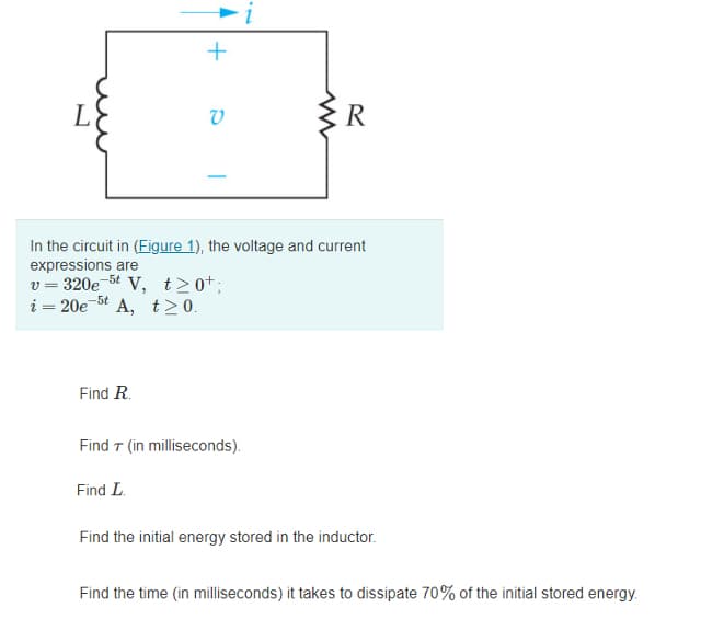 L
V
R
In the circuit in (Eigure 1), the voltage and current
expressions are
v = 320e-5t V, t>0+;
i = 20e-6t A, t>0.
-5t
Find R.
Find T (in milliseconds).
Find L.
Find the initial energy stored in the inductor.
Find the time (in milliseconds) it takes to dissipate 70% of the initial stored energy.
