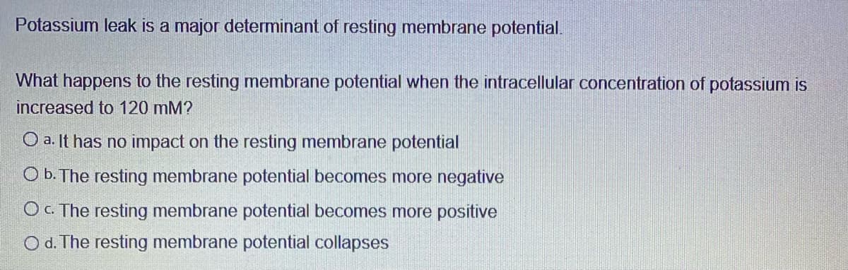 Potassium leak is a major determinant of resting membrane potential.
What happens to the resting membrane potential when the intracellular concentration of potassium is
increased to 120 mM?
O a. It has no impact on the resting membrane potential
O b. The resting membrane potential becomes more negative
OC. The resting membrane potential becomes more positive
O d. The resting membrane potential collapses
