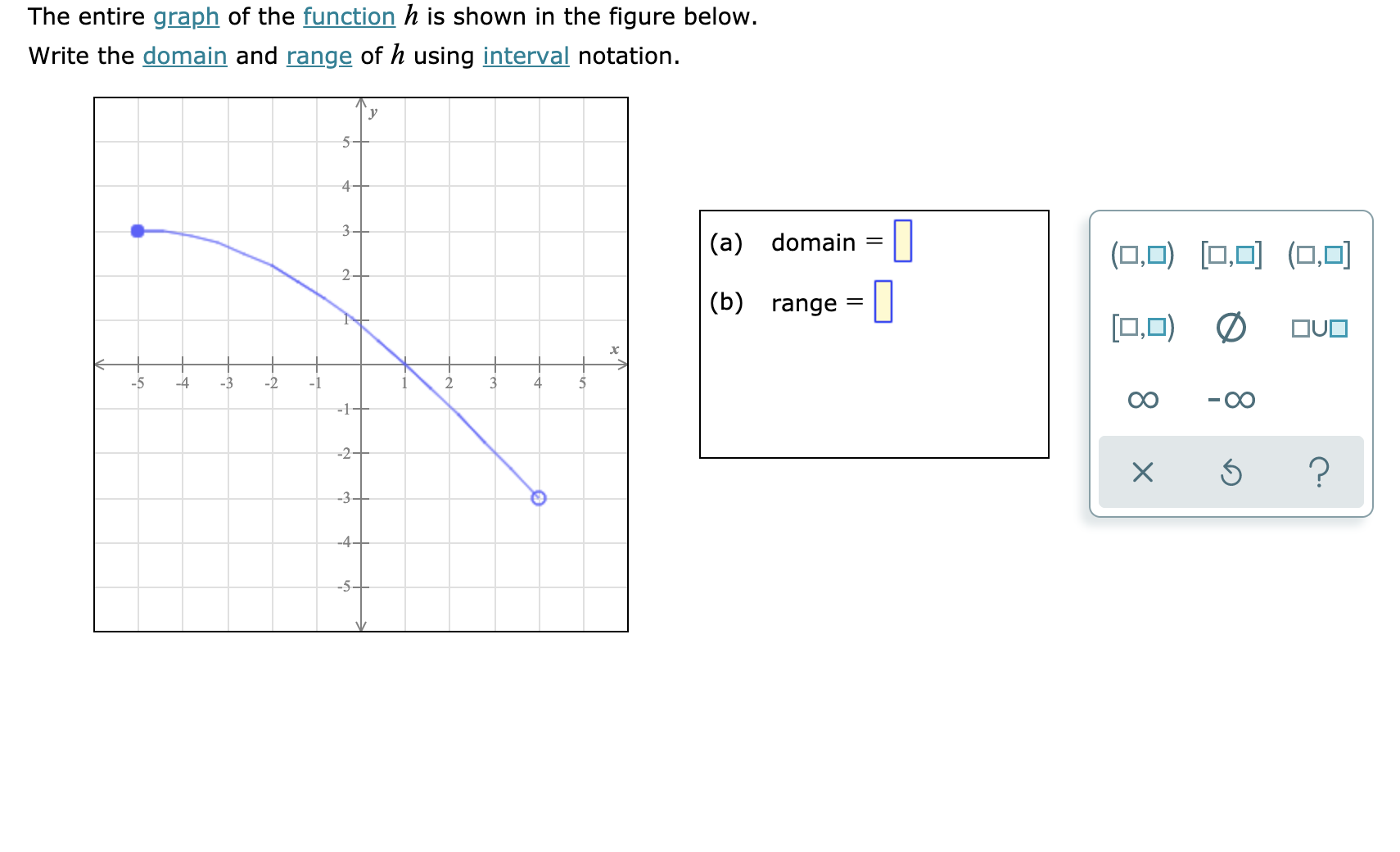 The entire graph of the function h is shown in the figure below
Write the domain and range of h using interval notation
y
5-
4-
3-
(a) domain
[□,미
(미,미
(0,D)
2-
(b) range
N
OUO
5
-4
2
2
3
-3
4
-1
-2
?
X
-3
-4
-5-
