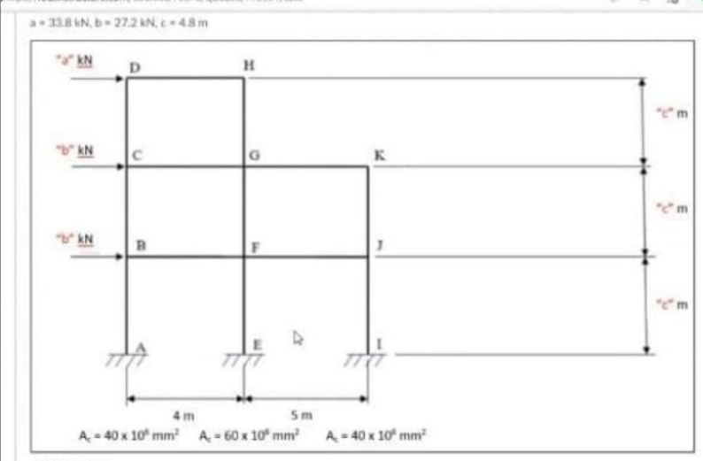 a 33.8 kN, b 27.2 kN, c-4.8m
KN
D
"b" KN
KN
4m
5m
A=40 x 10 mm² A = 60 x 10 mm²
C
B
H
K
J
A-40 x 10³ mm²