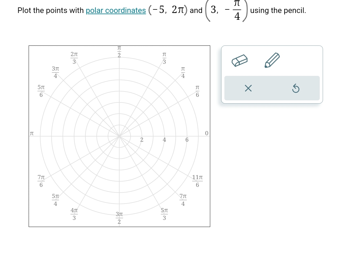 Plot the points with polar coordinates (−5, 2π) and 3,
π
5л
6
7μ
6
3π
4
5л
4
2μ
4π
3
π
5 N
3μ
2
2
W3
4
5л
3
π
4
6
77
4
E6
π
11л
6
0
-
4
using the pencil.
X
