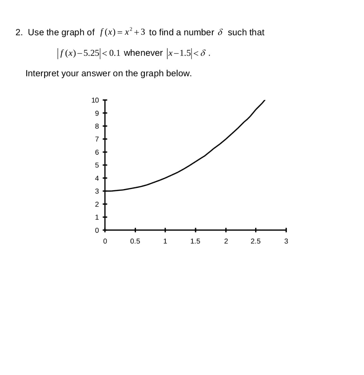 2. Use the graph of f(x)=x² +3 to find a number & such that
|f(x)-5.25 <0.1 whenever |x-1.5|<8.
Interpret your answer on the graph below.
K
5
10
9
8
7
6
4
3
2
1
0
0
0.5
1
1.5
2
2.5
3