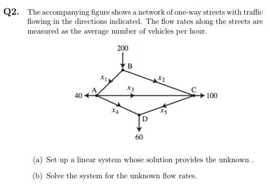 Q2. The accompanying figure shows a network of one-way streets with traffic
flowing in the directions indicated. The flow rates along the streets are
measured as the average number of vehicles per hour.
200
B
X2
X3
40
100
X4
60
(a) Set up a linear system whose solution provides the unknown .
(b) Solve the system for the unknown flow rates.
