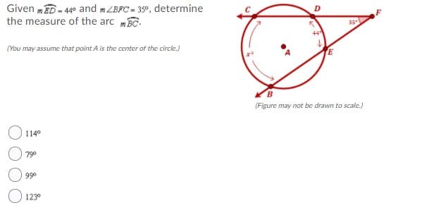 Given mD- 44° and mZBPC = 35°, determine
the measure of the arc 3C.
35
44
(You may assume that point A is the center of the circle.)
(Figure may not be drawn to scale.)
O 114°
790
990
O 123°
