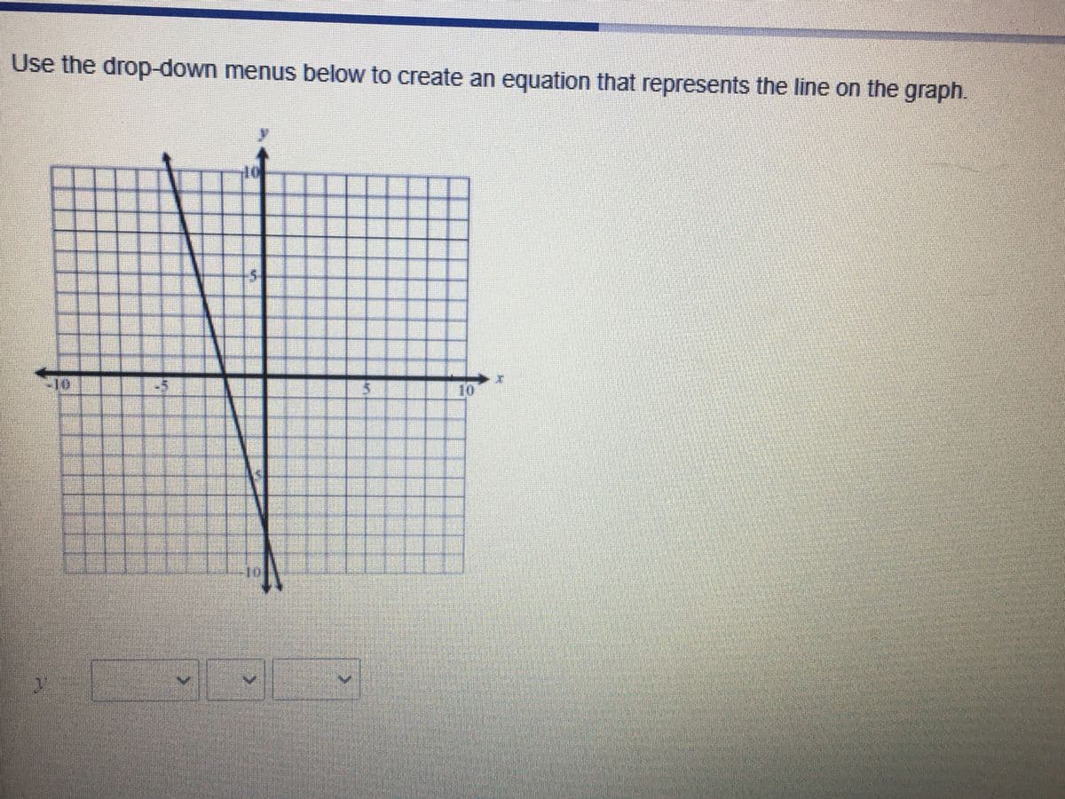 Use the drop-down menus below to create an equation that represents the line on the graph.
10
10
