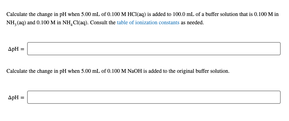 Calculate the change in pH when 5.00 mL of 0.100 M HC1(aq) is added to 100.0 mL of a buffer solution that is 0.100 M in
NH, (aq) and 0.100 M in NH,CI(aq). Consult the table of ionization constants as needed.
ApH =
Calculate the change in pH when 5.00 mL of 0.100 M NAOH is added to the original buffer solution.
ApH =
