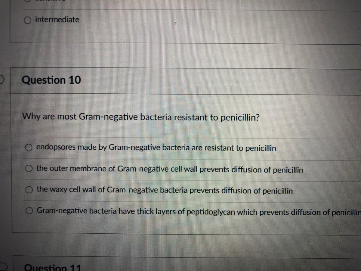 O intermediate
Question 10
Why are most Gram-negative bacteria resistant to penicillin?
O endopsores made by Gram-negative bacteria are resistant to penicillin
O the outer membrane of Gram-negative cell wall prevents diffusion of penicillin
the waxy cell wall of Gram-negative bacteria prevents diffusion of penicillin
Gram-negative bacteria have thick layers of peptidoglycan which prevents diffusion of penicillin
Question 11
