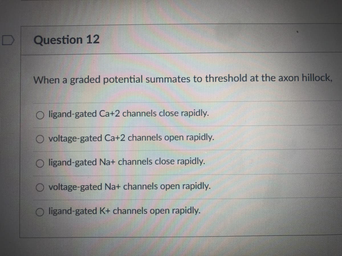 Question 12
When a graded potential summates to threshold at the axon hillock,
O ligand-gated Ca+2 channels close rapidly.
O voltage-gated Ca+2 channels open rapidly.
ligand-gated Na+ channels close rapidly.
O voltage-gated Na+ channels open rapidly.
O ligand-gated K+ channels open rapidly.
